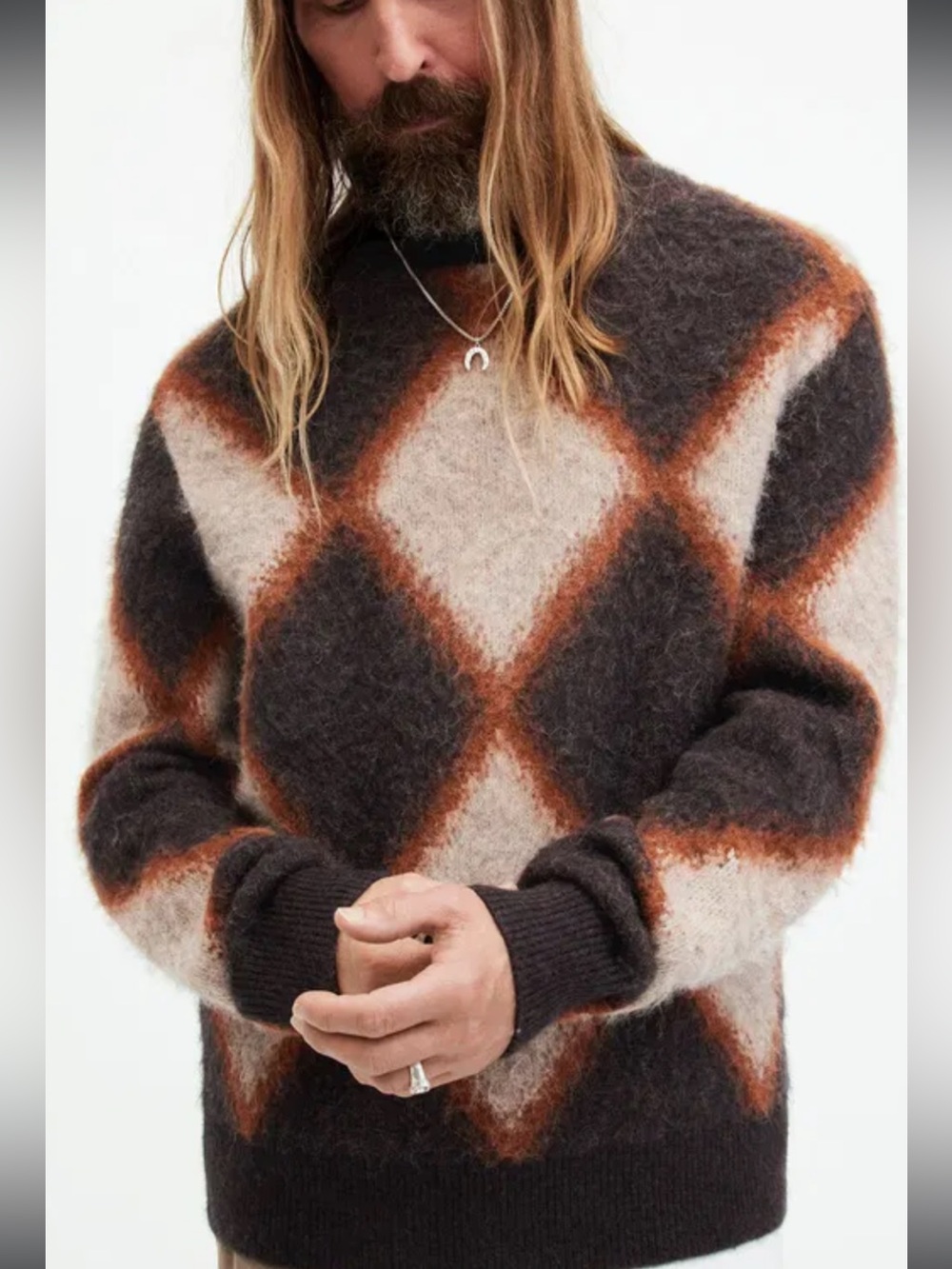 AllSaints Viper Jacquard Crewneck Sweater in Brown, Cream & Rust M